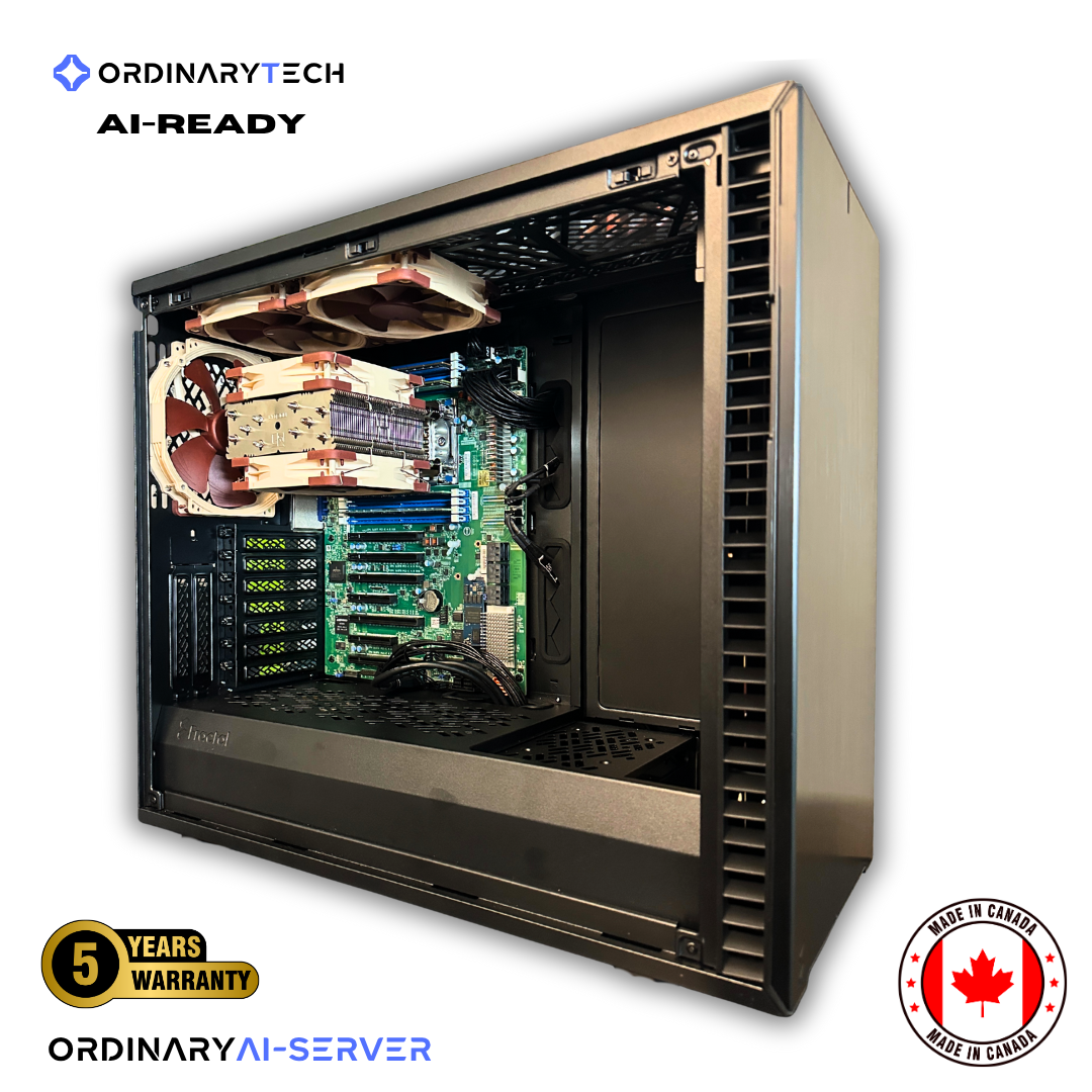 High-performance custom workstation by OrdinaryTech featuring Noctua cooling, Crucial Gen5 NVMe SSD, and enterprise-grade components optimized for 3D rendering and AI workloads.
