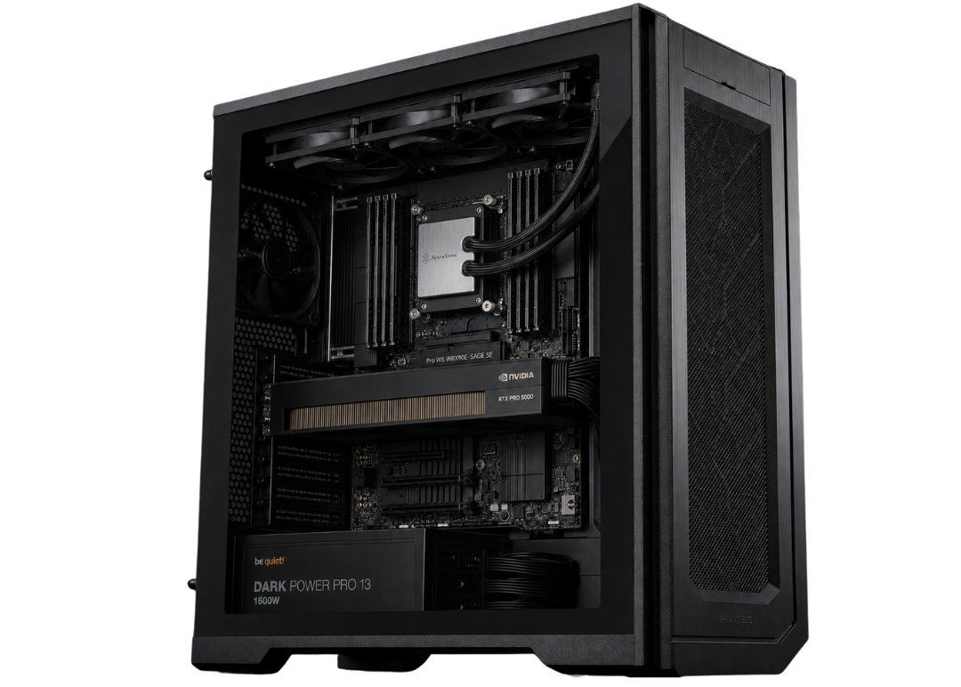 A black desktop PC tower case with a transparent side panel, showing the internal components including a CPU, cooling pipes, RAM, and an SSD. The front panel displays the brand 'be quiet!' and model 'DARK POWER PRO 13'.