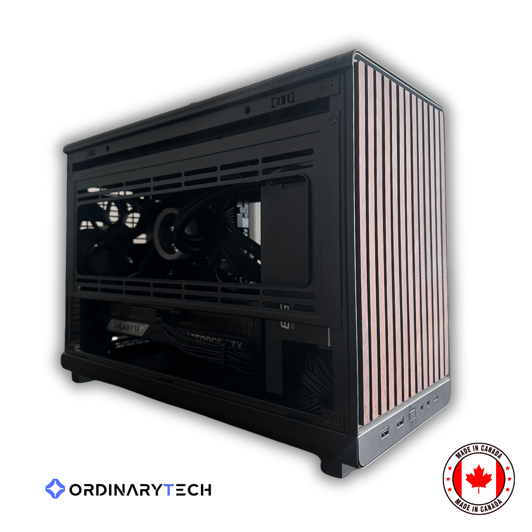 Compact ITX gaming PC with RTX 5070 Ti and Ryzen 9800X3D built in Canada for high FPS AAA gaming