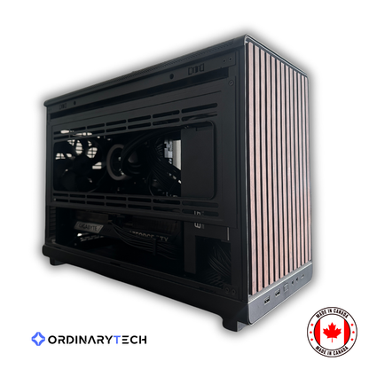 Compact ITX gaming PC with RTX 5070 Ti and Ryzen 9800X3D built in Canada for high FPS AAA gaming