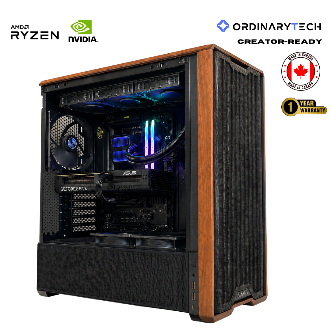 OrdinaryTech Creator Ready PC tower with a black and wood-grain finish, shown with its side panel removed to reveal a custom RGB liquid CPU cooler and GeForce RTX graphics card. Logos for AMD Ryzen, NVIDIA, OrdinaryTech, and a Canadian Made in USA badge are displayed on the white background.
