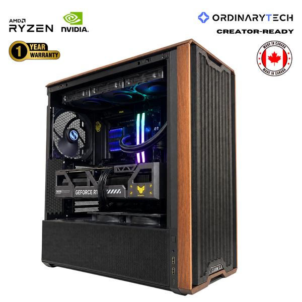 OrdinaryTech Creator Ready TITAN Black gaming PC case with a wood-grain finish on the sides, shown with an open side panel revealing a custom RGB liquid CPU cooler, dual fans, and a GeForce RTX graphics card. Logos for AMD Ryzen, NVIDIA, OrdinaryTech, and a Made in Canada badge are displayed on a white background.