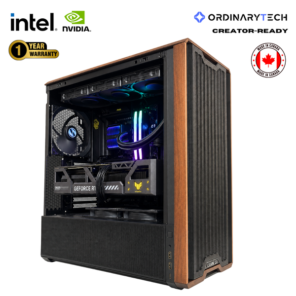 OrdinaryTech Creator Ready TITAN gaming PC tower with a wood-grain finish and black side panel, shown open with internal RGB cooling and a GeForce RTX graphics card. Features Intel and NVIDIA logos, a 1-year warranty badge, and a made-in-Canada seal on a white background.