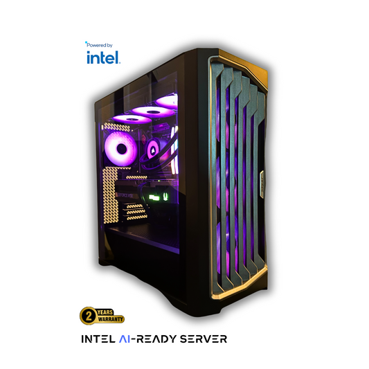 INTEL AI-Ready Server powered by RTX graphics, liquid cooling, and RGB lighting, built for AI/ML