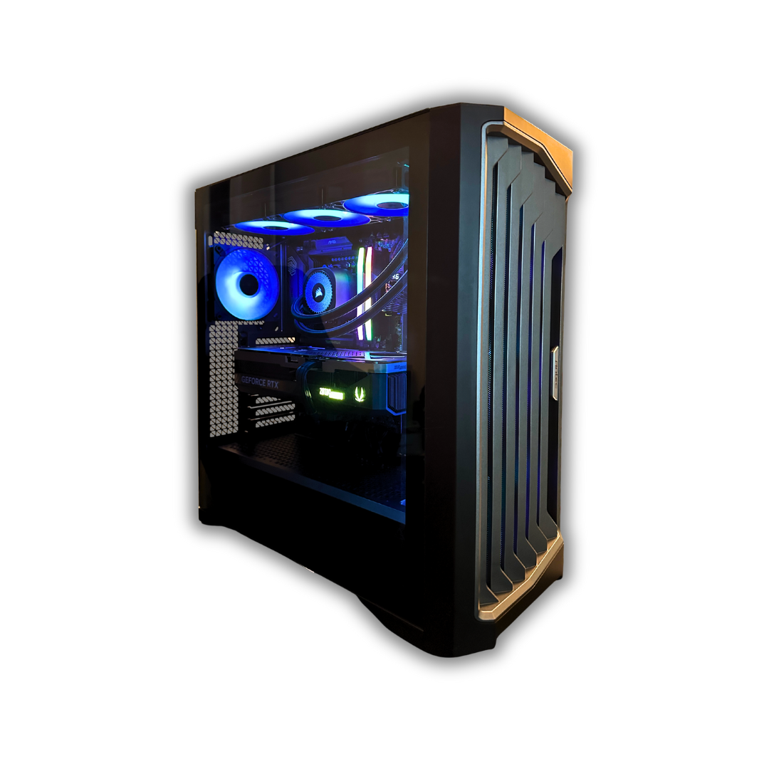 AI ready PC with blue LED lights on a white background by OrdinaryTech Toronto