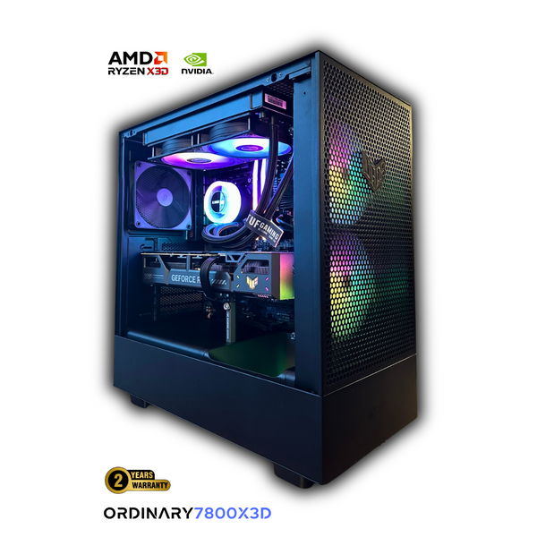 Canada custom gaming PC build – OrdinaryTech ORDINARY7800X3D with AMD Ryzen 7, NVIDIA GeForce RTX, liquid cooling, RGB fans, and 2-year warranty.