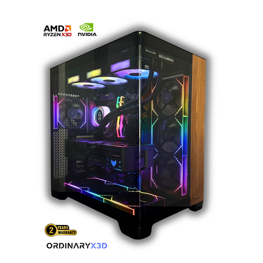 High-end gaming and workstation PC built by OrdinaryTech Canada with AMD Ryzen 9800X3D CPU, GeForce RTX GPU, advanced liquid cooling, vibrant RGB fans, and a full glass tower – 2-year warranty.