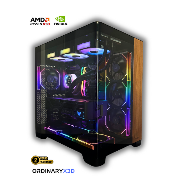 High-end gaming and workstation PC built by OrdinaryTech Canada with AMD Ryzen 9800X3D CPU, GeForce RTX GPU, advanced liquid cooling, vibrant RGB fans, and a full glass tower – 2-year warranty.