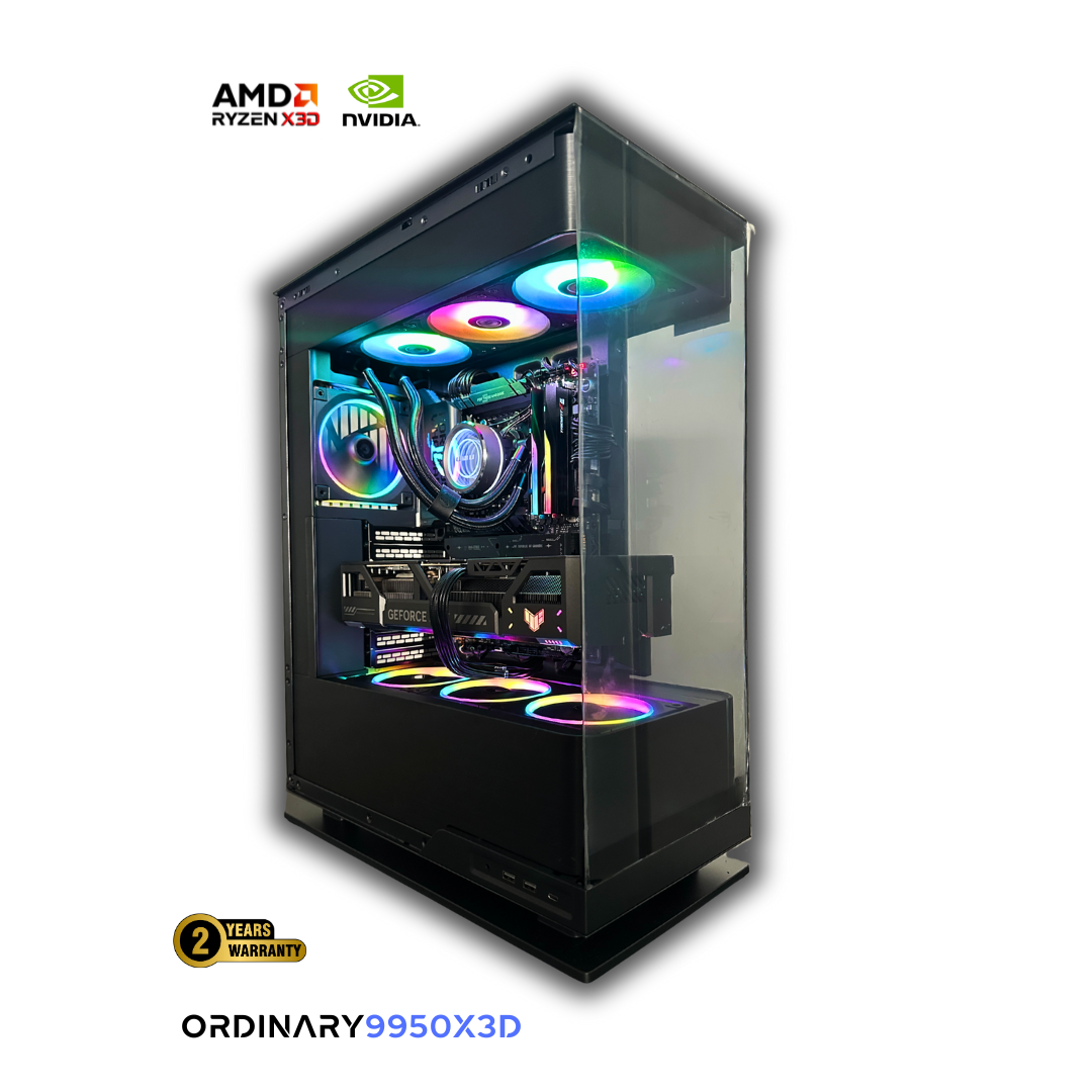 ORDINARY9950X3D custom gaming and workstation desktop – AMD Ryzen 9 9950X3D processor, NVIDIA RTX GPU, advanced liquid cooling, RGB fans, tempered glass case, built in Canada with 2-year warranty.