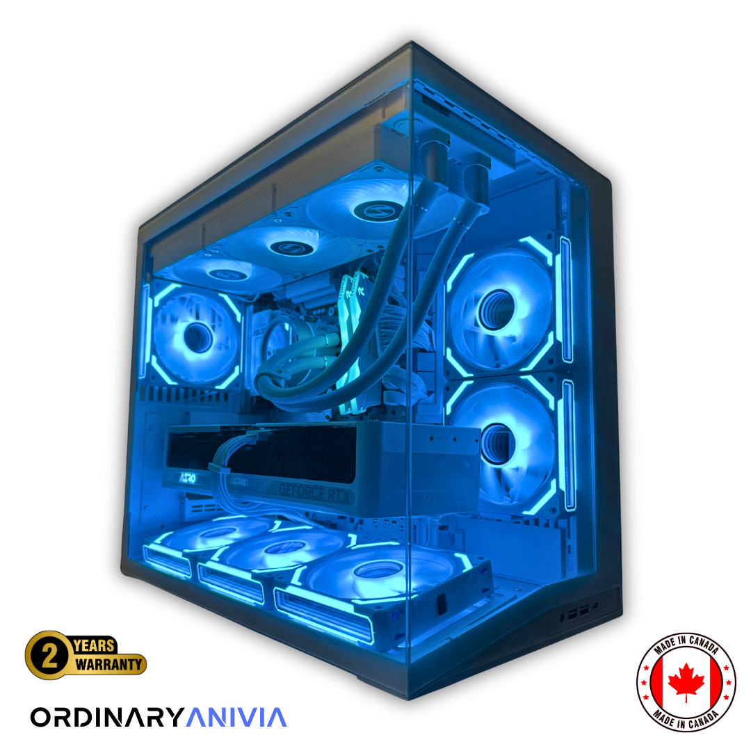 High-end OrdinaryTech gaming PC with blue LED lighting on a white background, featuring Ordinary Anivia branding.