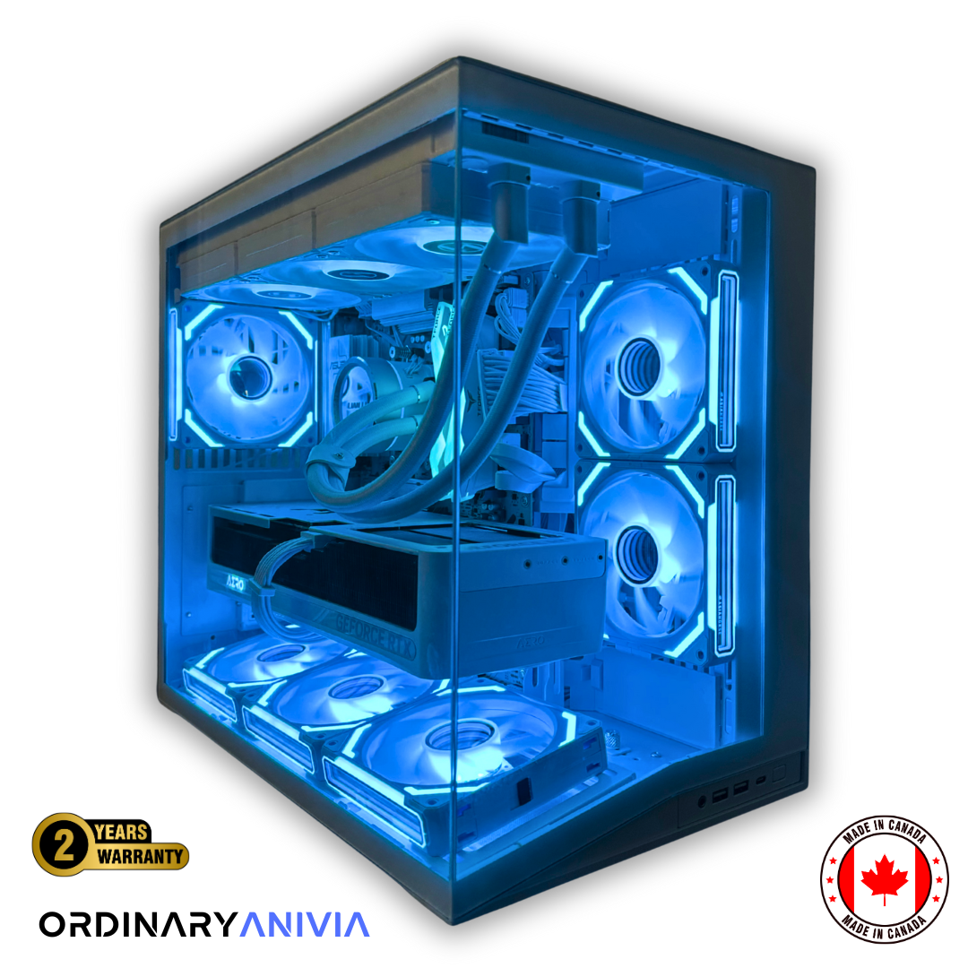 High-performance OrdinaryTech custom PC with Intel Ultra 7 265KF processor, RTX 5080 GPU, and white ARGB Lian Li chassis.