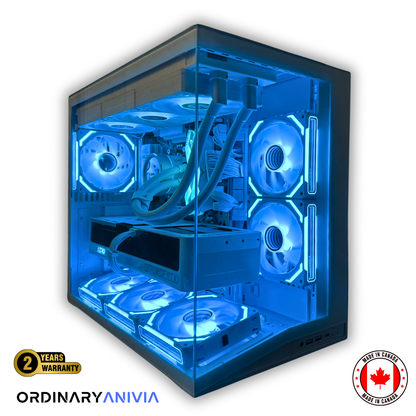 High-performance OrdinaryTech custom PC with Intel Ultra 7 265KF processor, RTX 5080 GPU, and white ARGB Lian Li chassis.