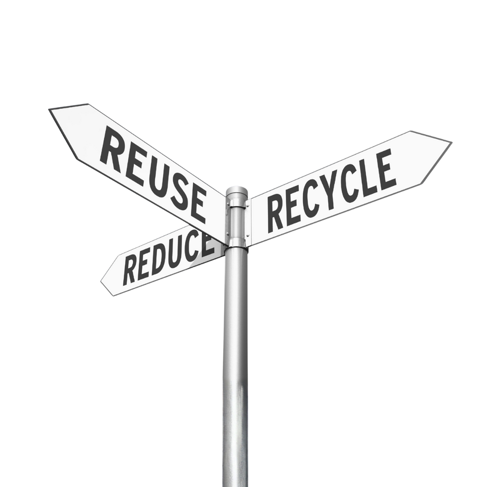 A metal crossroad-style signpost with three directional signs reading REUSE, REDUCE, and RECYCLE on a plain white background for IT asset management by OrdinaryTech