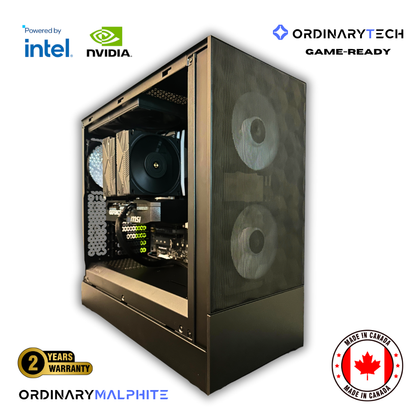 High-performance OrdinaryTech Gaming computer with Intel and NVIDIA logos, Ordinary Tech branding, and 'Made in Canada' badge on a white background.