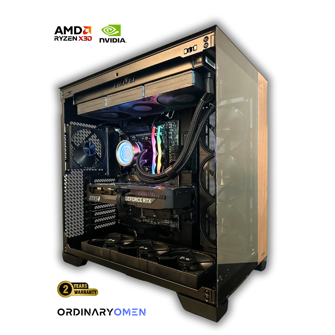 OrdinaryOmen custom gaming PC by OrdinaryTech with AMD Ryzen X3D processor, NVIDIA GeForce RTX GPU, MSI motherboard, RGB liquid cooling, and tempered glass case – 2-year warranty.