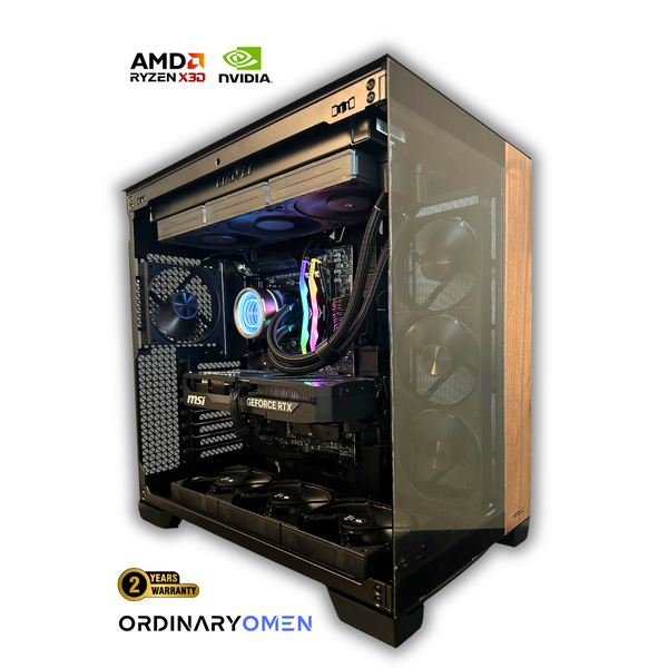 OrdinaryTech Canada gaming PC – OrdinaryOmen with AMD Ryzen X3D processor, GeForce RTX graphics, MSI hardware, tempered glass case, RGB setup, and 2-year warranty.