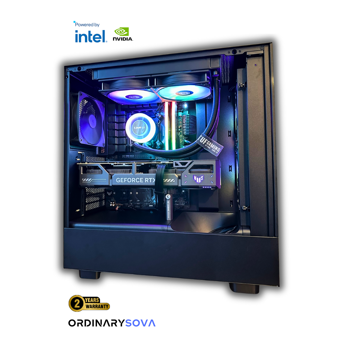 High-performance OrdinarySOVA gaming desktop built in Toronto with Intel CPU, RTX graphics, RGB cooling, and sleek tempered glass design – backed by 2-year warranty.