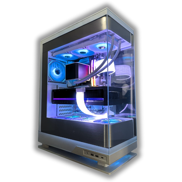 High-end Computer case with visible internal components and RGB lighting on a white background