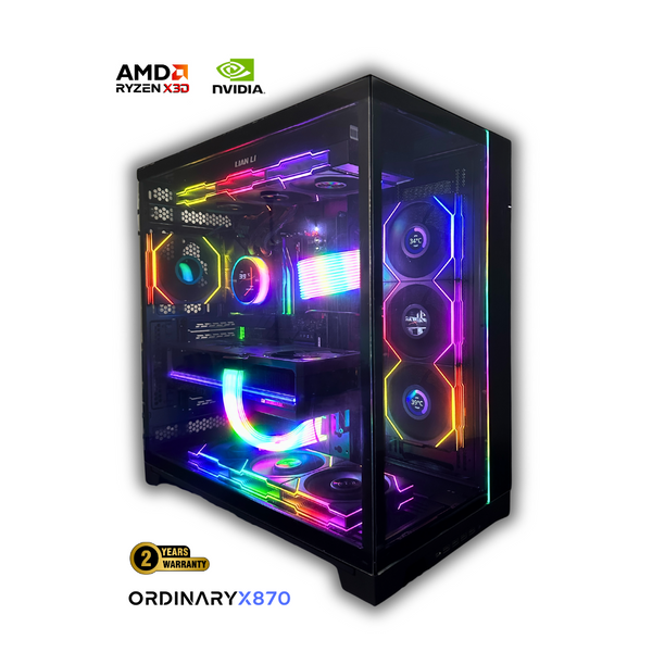 OrdinaryTech X870 hyper premium gaming PC – Ryzen X3D processor, RTX graphics, RGB fans, tempered glass tower, and liquid cooling from Canadian gaming PC company with 2-year warranty.