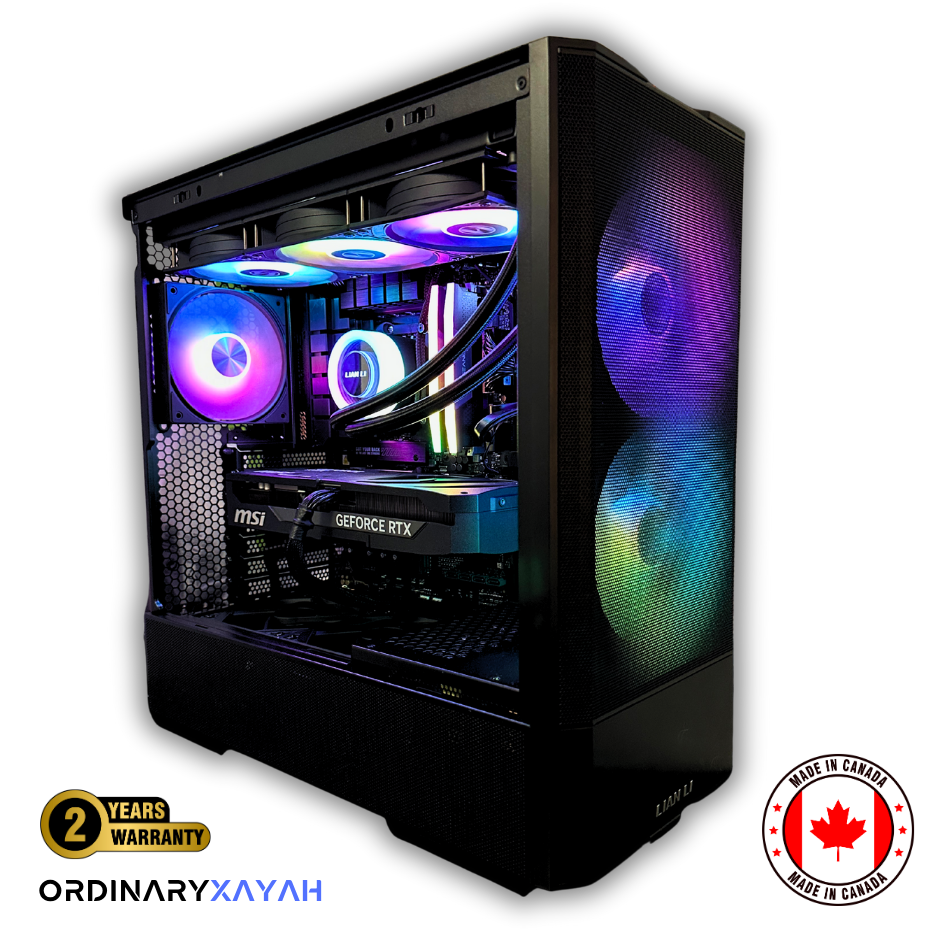 Glossy computer case with RGB lighting, 'OrdinaryXayah' branding, and 'Made in Canada' badge.