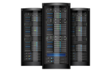 Three black server racks with illuminated indicators in a data center setup